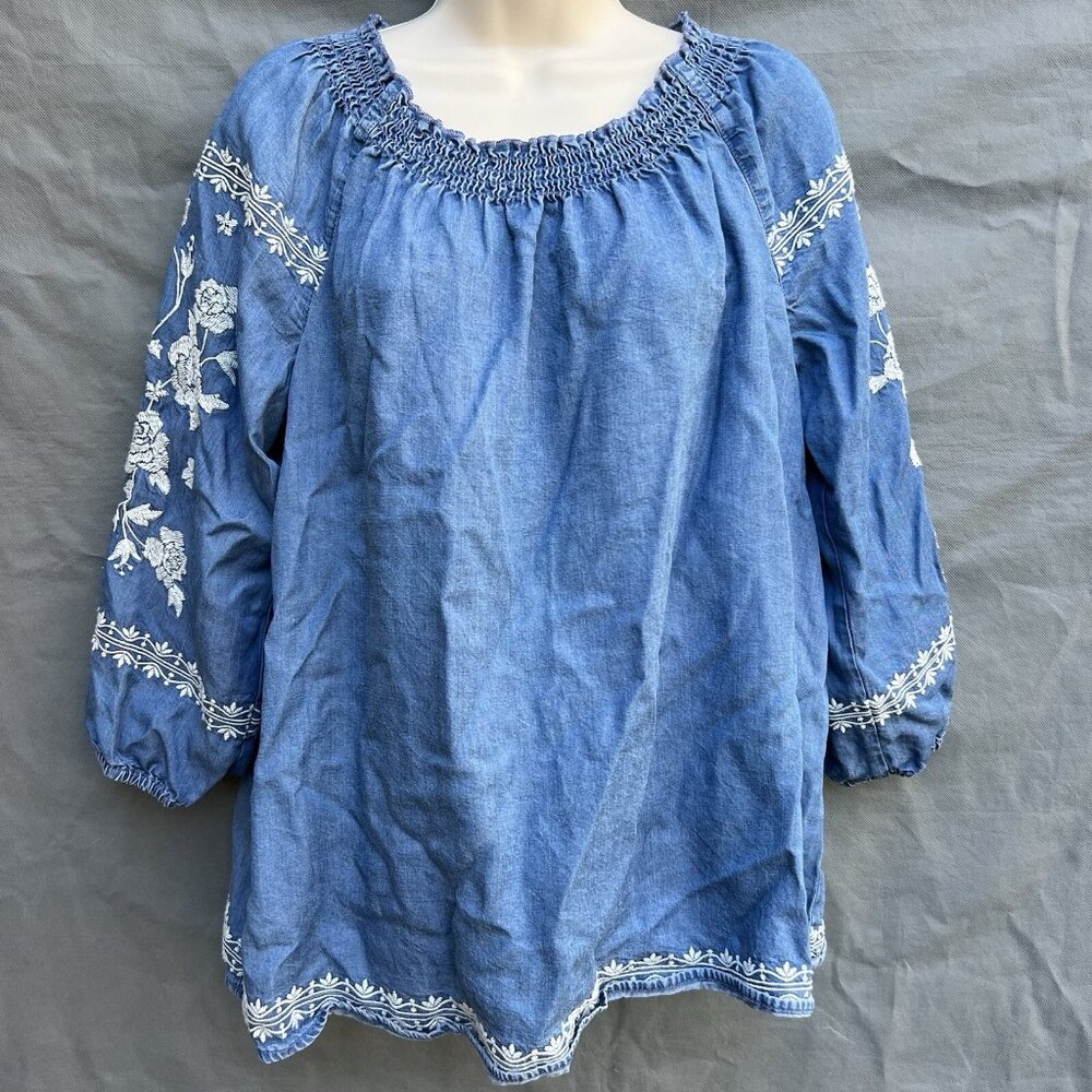 J. Jill Denim Size M Embroidered Shirt Chambray Puff Sleeves Top Blouse